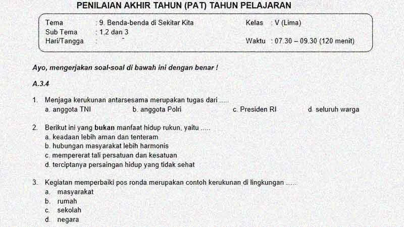 Soal Penilaian Akhir Tahun Kelas 5 Tema 9 dan Kunci Jawabannya