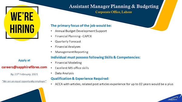 Asst. Manager Planning & Budgeting | Sapphire Fibres Ltd, Lahore