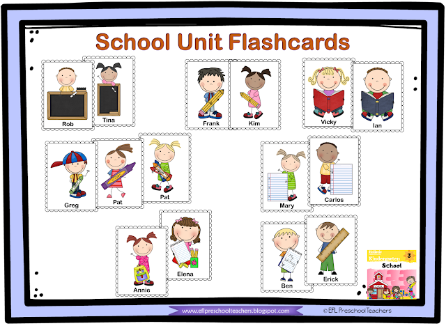 classroom object each boy or girl is holding flashcards ESOL