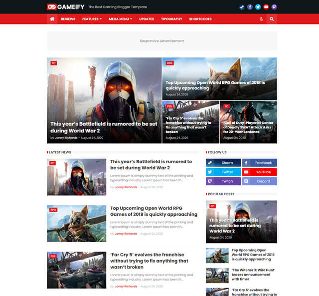 gameify a gaming free blogger theme