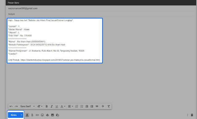 Kirim Pemesanan Melalui Gmail