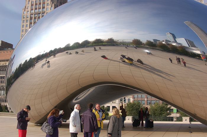 Cloud Gate, a public sculpture is the centerpiece of the AT&T Plaza in Millennium Park within the Loop community area of Chicago, Illinois, United States. The sculpture is nicknamed "The Bean" because of its bean-like shape. Made up of 168 stainless steel plates welded together, its highly polished exterior has no visible seams. 