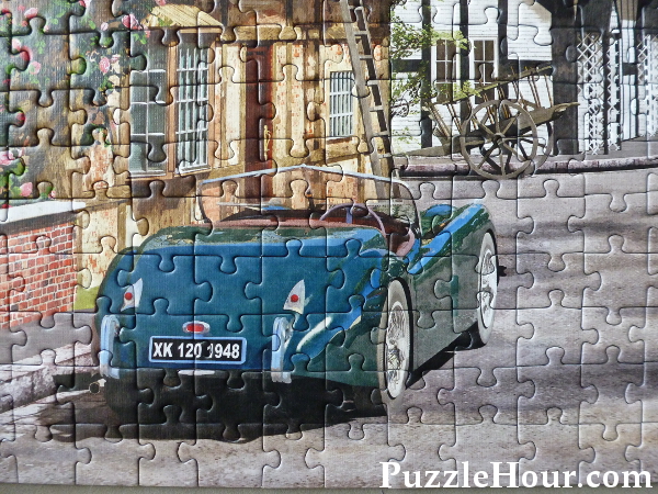 Trefl Street Cottage Lane Jigsaw Puzzle detail vintage blue car