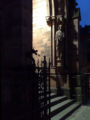 church entrance, twilight, 