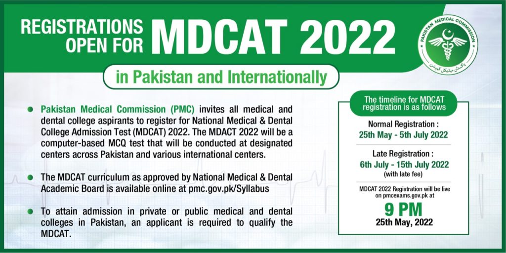 PMC MDCAT Date Sheet 2022 - PMC Registration