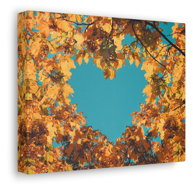Valentine Canvas Gallery Wrap With Autumn Fall Love Background Orange and Yellow Leaves in Heart Shape of Background of Blue Sky