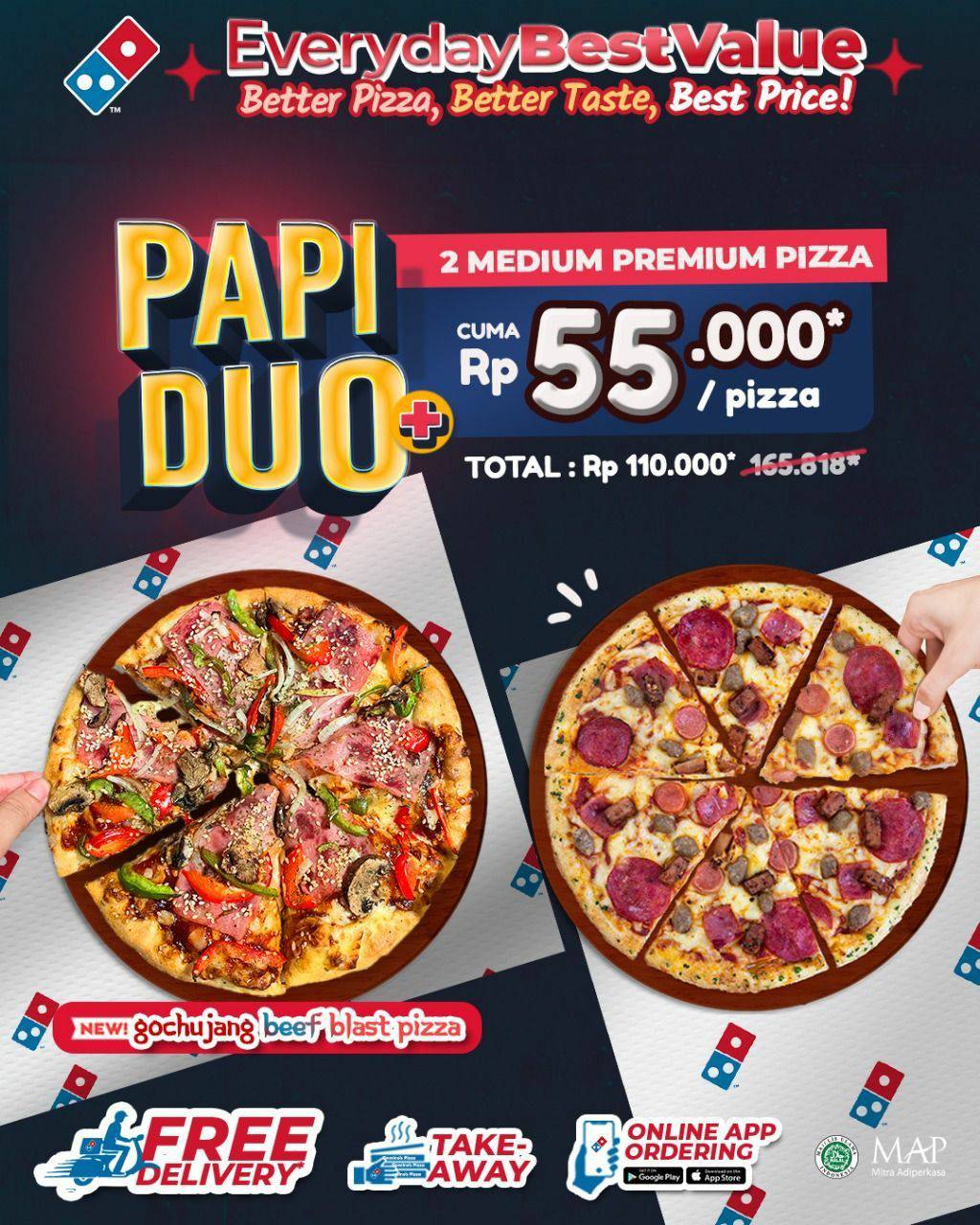 Promo Domino's Pizza PAPI DUO PLUS – 2 Medium Premium only 55K* /pizza