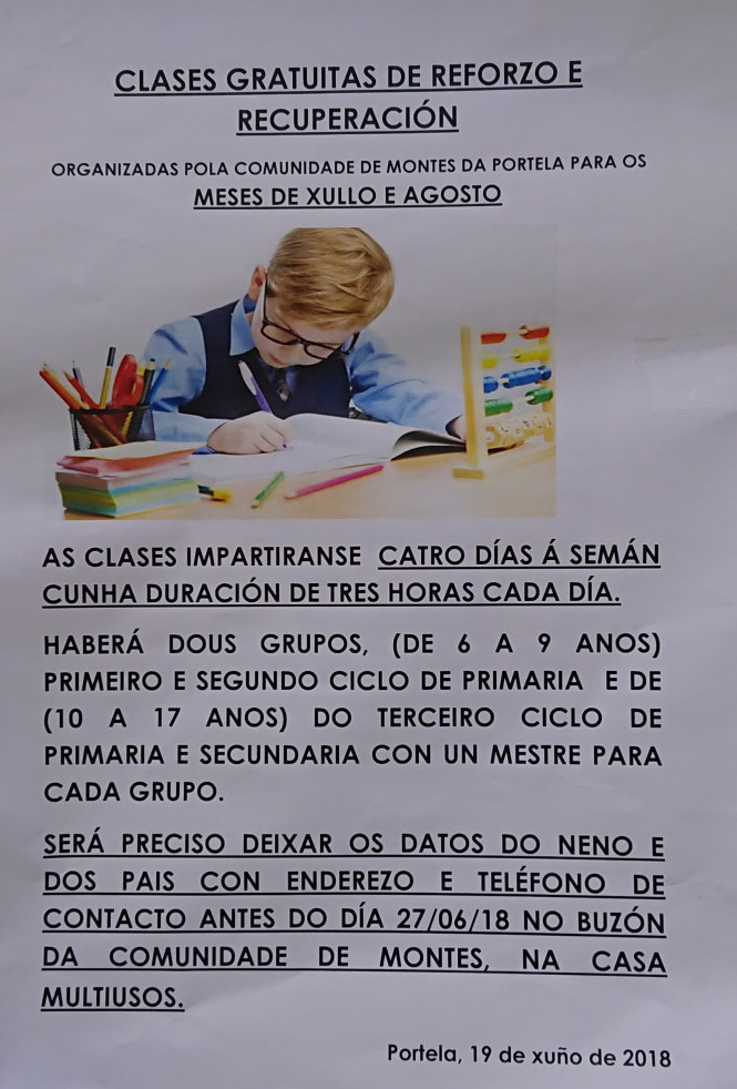 Clases gratuitas e reforzo na Comunidade de Montes da Portela