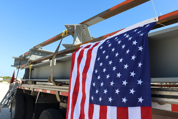 The American flag adorns a steel truss that will be incorporated into Mobile Launcher 2 for the Space Launch System Block 1B rocket at NASA's Kennedy Space Center in Florida.