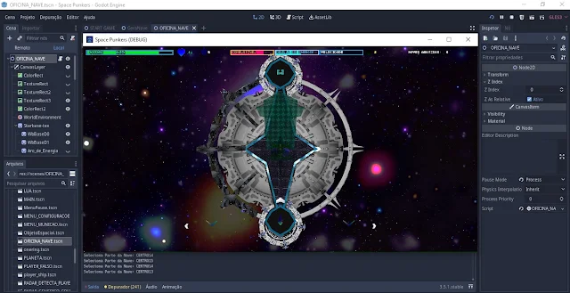 Tela do projeto Space Punkers na engine Godot focando a tela de modificação de naves