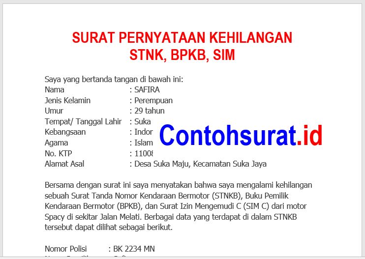 Contoh Surat Pernyataan Kehilangan Stnk Bpkb Sim Contoh Surat