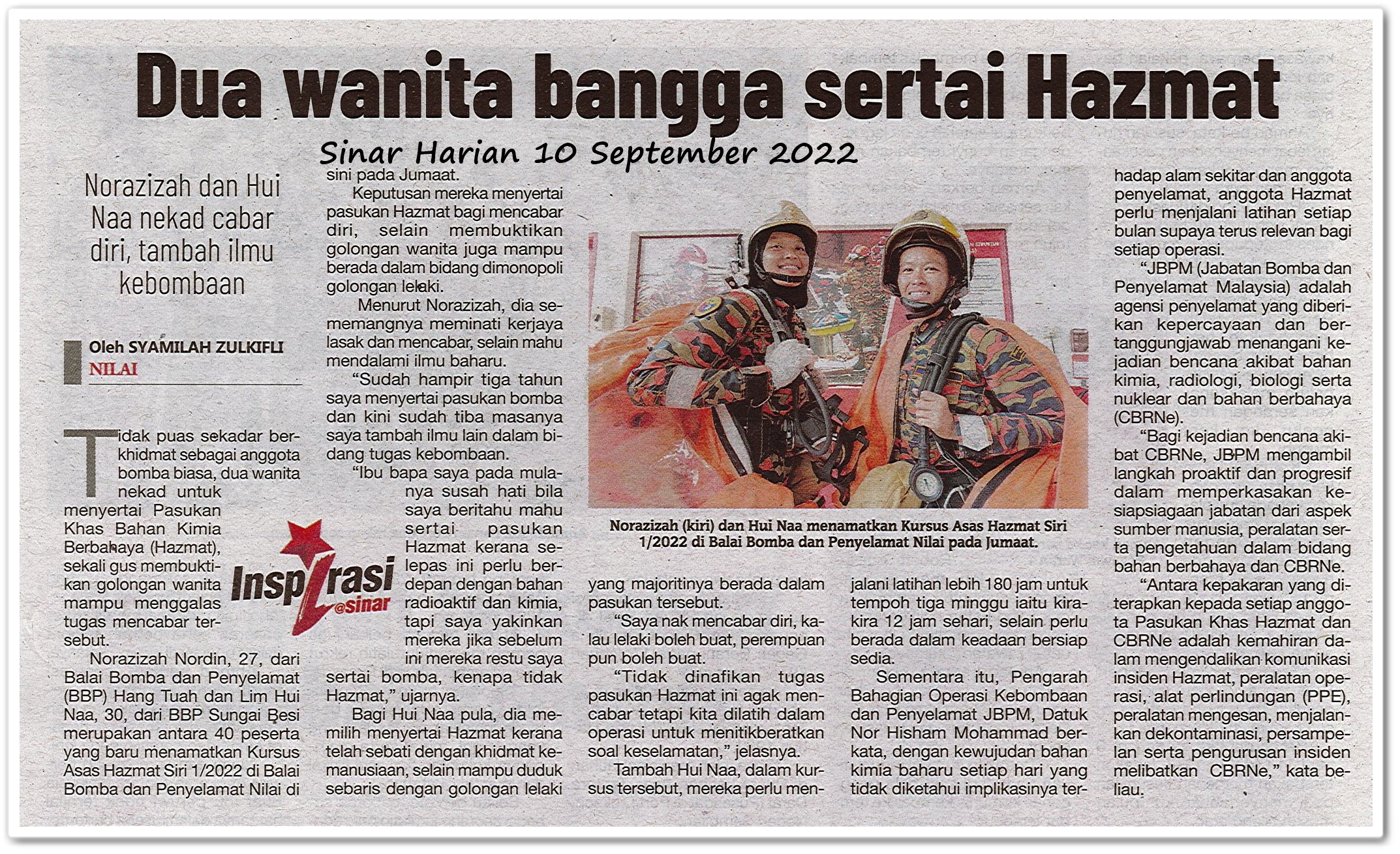 Dua wanita bangga sertai Hazmat - Keratan akhbar Sinar Harian 10 September 2022