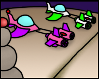 A draft storyboard frame - a color image of pod racers lining up at the starting line, drawn using Photoshop