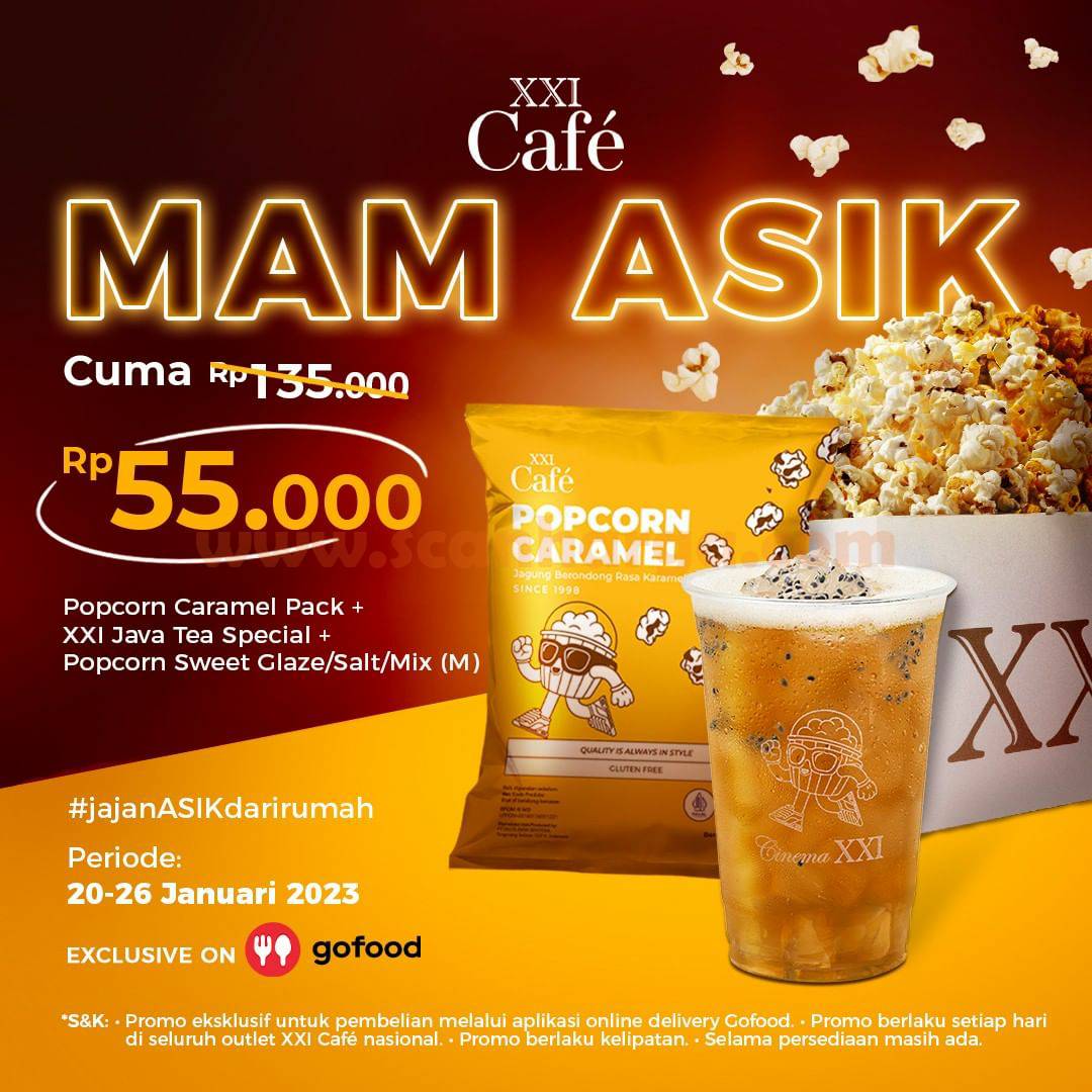 Promo XXI CAFE MAM ASIK GOFOOD – 2 Paket Popcorn + Drink cuma 55RB