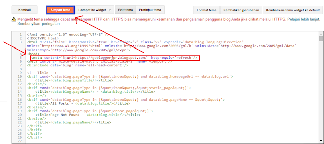 tambahkan kode html di bawah tag <head>, kemudian klik Simpan Tema