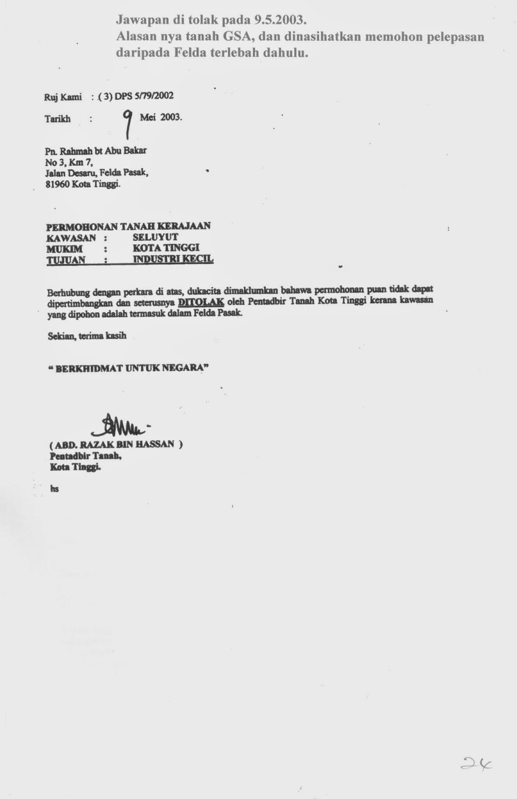 Contoh Surat Pengurangan Bayaran Pinjaman Felda