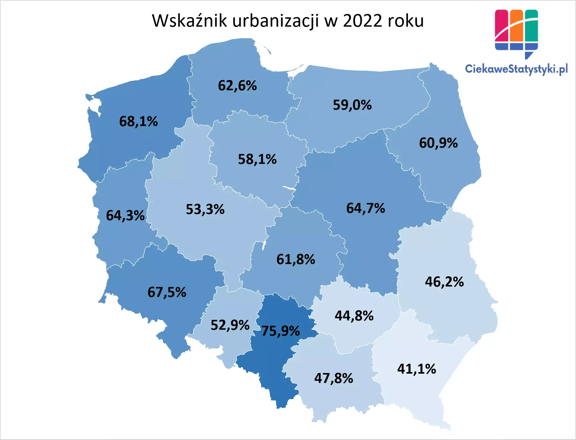 Mapa pokazuje wskaźnik urbanizacji w Polsce w podziale na województwa