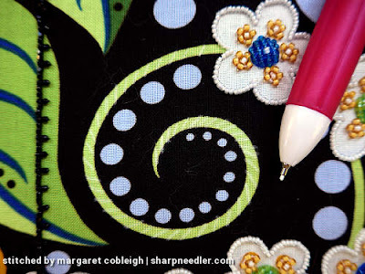 Preparation for stitching one of the green tendrils. (Wild Child Japanese Bead Embroidery by Mary Alice Sinton)