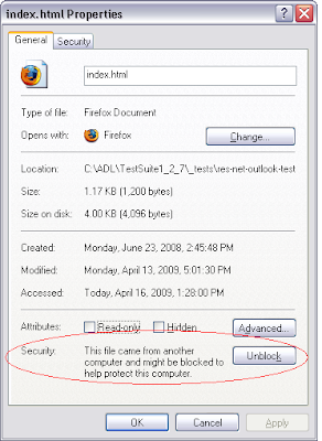 File Properties window with 'Unblock' button and 'This file came from another computer and might be blocked to help protect this computer.'