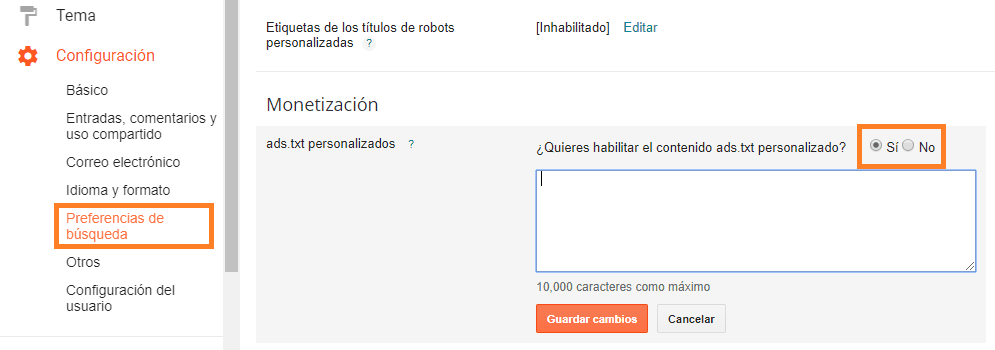 Opciones de blogger, monetizacion, activar ads.txt