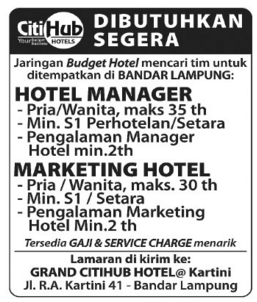 LOKER Grand CitiHub Hotel Lampung