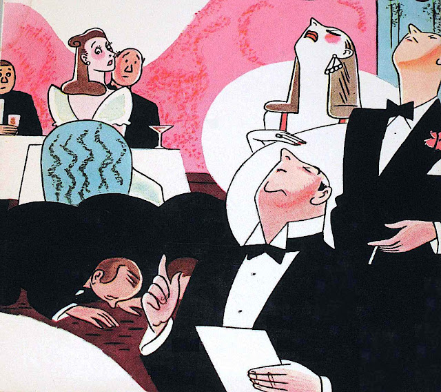 a Rea Irvin magazine illustration of a Maître D' in a fancy restaurant with snooty diners