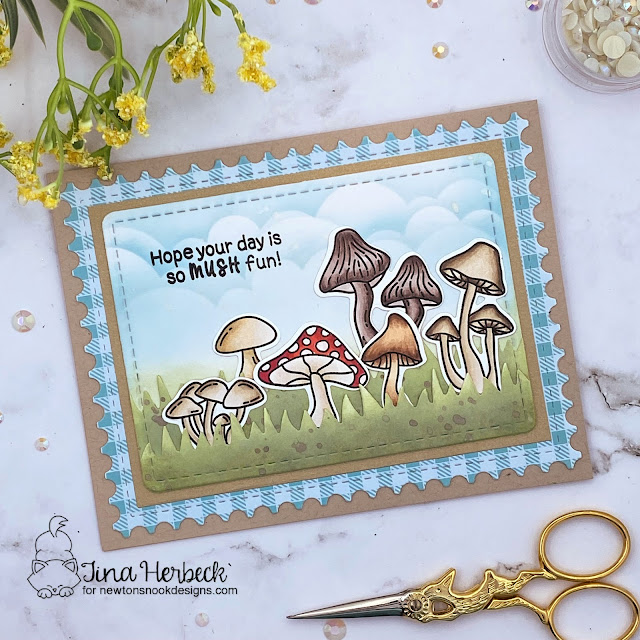 Mushroom Card by Tina Herbeck | Fabulous Fungus Stamp Set, Spring Blooms Paper Pad, Land Borders Die Set and Clouds Stencil by Newton's Nook Designs