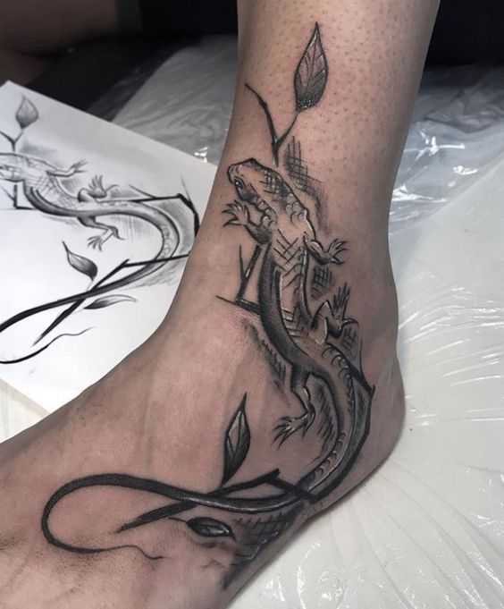 Lizard-on-Branch-Ankle-Foot-Tattoo