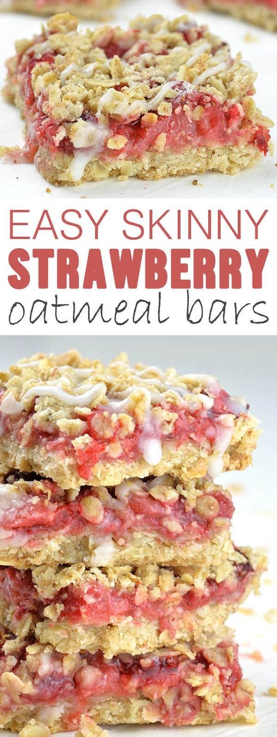 Easy Skinny Strawberry Oatmeal Bars is super simple, one-bowl and no-mixer recipe for healthy dessert, kid-friendly snack or breakfast on-the-go!