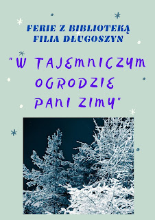 Niebieskie tło kolorowe gwiazdki napis Ferie z biblioteką W tajemniczym ogrodzie Pani Zimy zdjęcie zimowe drzewa