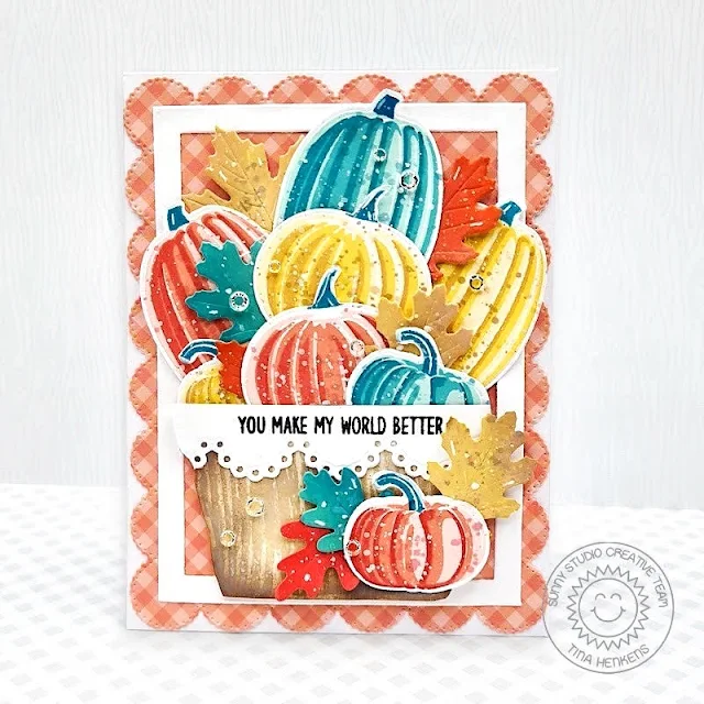 Sunny Studio Stamps: Pretty Pumpkins Fall Themed Card by Tina Henkens (featuring Layered Basket, Frilly Frame Dies, Autumn Greenery Dies, Ribbon & Lace Border Dies)