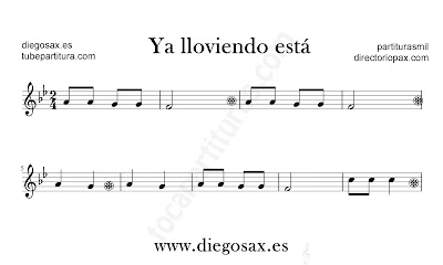 Ya lloviendo está partitura para flauta, violín, saxofón alto, trompeta, clarinete, soprano sax, tenor, oboe, corno inglés, barítono, trompa, fliscorno... ej clave de Sol en Si bemol