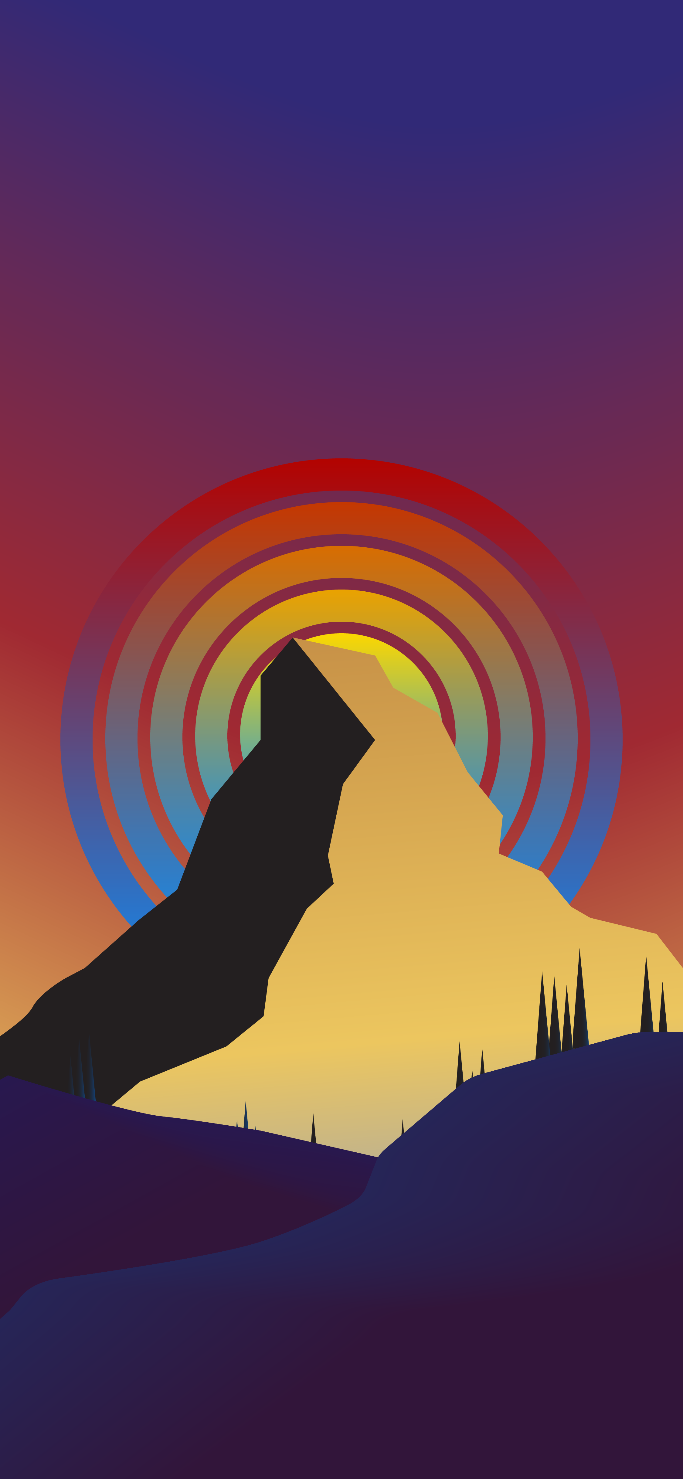 iPhone wallpaper displaying a striking silhouette of a mountain peak with vibrant abstract circles radiating in the sunset sky.