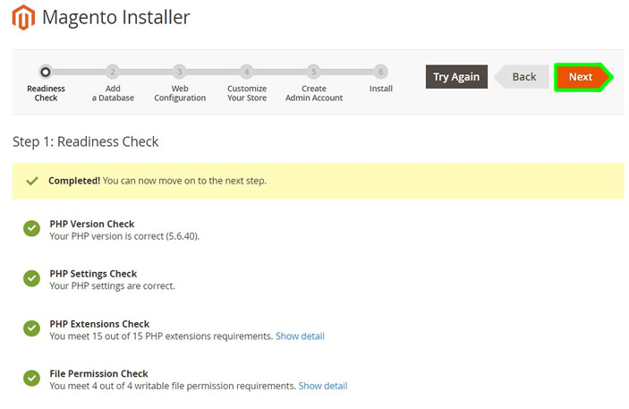 magento installation readiness check completed
