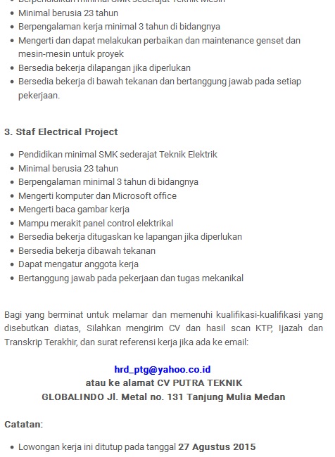 Lowongan Kerja SMA/SMK Medan CV Putra Teknik Globalindo 