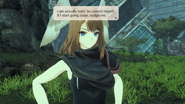 Xenoblade Screenshot: Eunie saying "I am actually trying to control myself. If I start going crazy, nudge me."