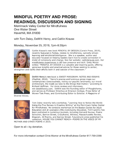 Tom Daley, Dewitt Henry, Caitlin Krause, Haverhill Massachusetts, Poetry Reading, Merrimack Valley Center for Mindfullness, November 25