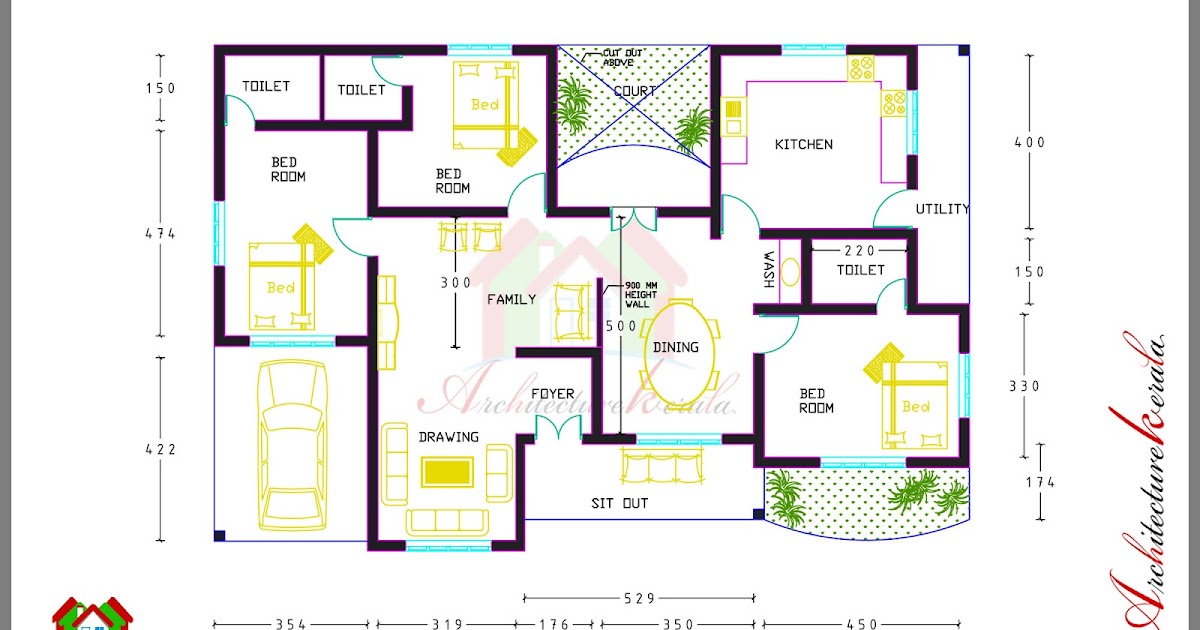 3 BED ROOM HOUSE  PLAN  WITH ROOM DIMENSIONS  ARCHITECTURE 