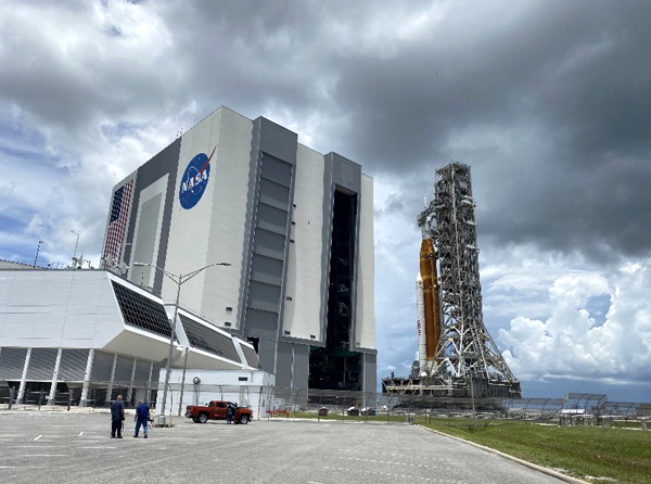 The Space Launch System rocket is about to enter the Vehicle Assembly Building at NASA's Kennedy Space Center in Florida to begin final Artemis 1 launch preps...on July 2, 2022.