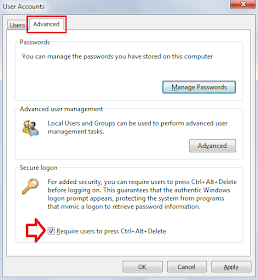 trong cửa sổ User Accounts chọn thẻ Advanced > bấm chọn hộp kiểm Require users to press Ctrl+Alt+Delete > OK