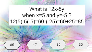 What is 12x-5y  when x=5 and y=-5 ? 12(5)-5(-5)=60-(-25)=60+25=85