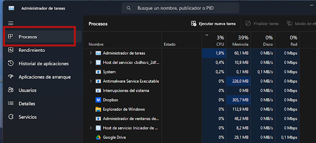Ventana de Administrador de tareas, pestaña procesos