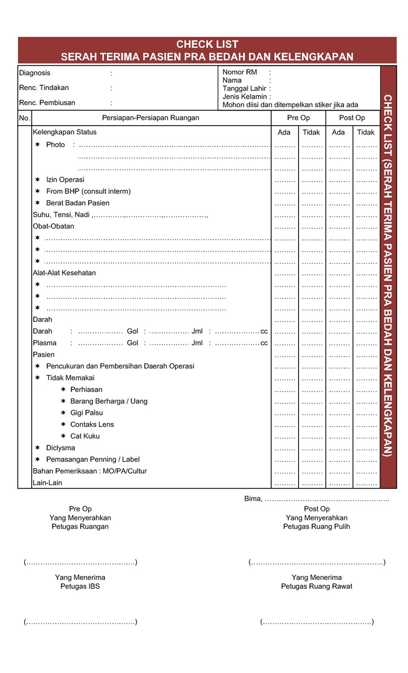 CONTOH REKAM MEDIS FORMAT CHECK LIST SERAH TERIMA PASIEN 