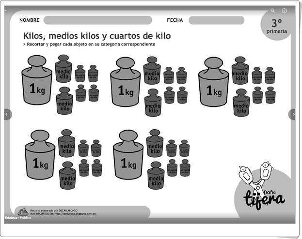 "Kilos, medios kilos y cuartos de kilo" (Fichas recortables de Matemáticas de Primaria)