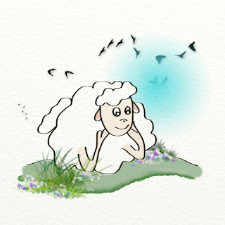 Un mouton pensif dans uen prairie ; illustration numérique de Florence Gobled, illustratrice et auteur de livre pour enfants à Autun en Bourgogne