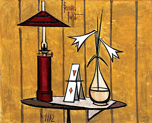 Bernard Buffet (1928-1999) Nature morte à la lampe et aux jeux de cartes,1982 Huile sur toile, 65 x 81cm Collection particulière