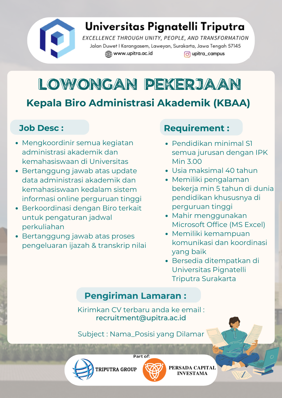 Loker Staff NE, Staff LPM, Staff HR, dll di Universitas Pignatelli Triputra Solo