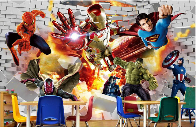 Avengers wall mural childrens room 3D marvel comics Photo Wallpaper Kids Boys super hero spiderman hulk superman