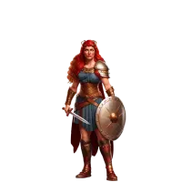 Boudica, the warrior queen of the Iceni, brandishing a short sword while holding a shield.