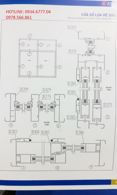 Kết cấu cửa sổ, cửa đi lùa nhôm Xingfa hệ 2001-01